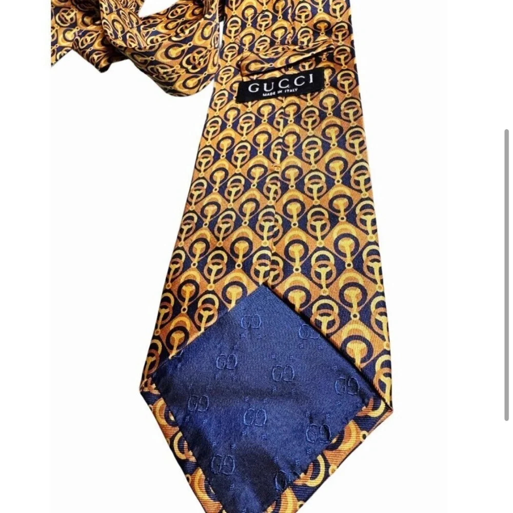 Gucci Mens Vintage Silk Tie With Geometric Pattern In Yellow & Navy- - Picture 3 of 4